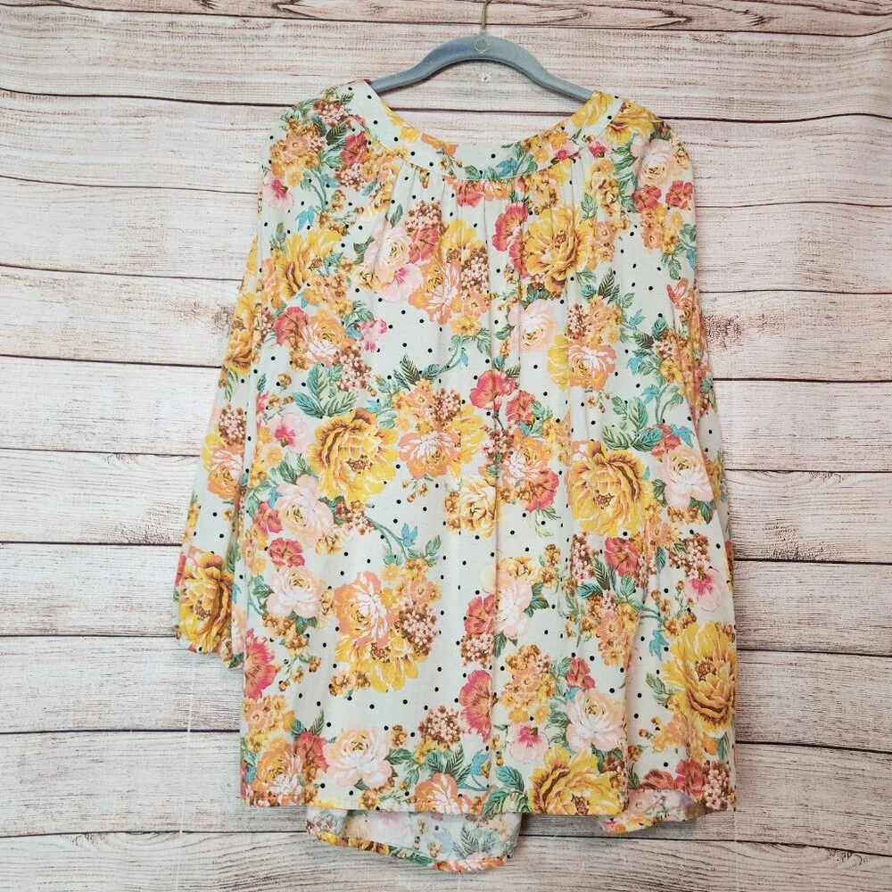 Anthropologie Fig & Flower Yellow Pink Linen Blend Floral Peasant Top Plus 3X - Picture 10 of 15